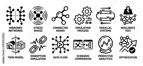 Set of twelve black line icons illustrating concepts of digital twin technology, system simulation, data flow, predictive analytics, scenario comparison, and network resilience