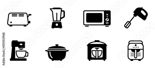Black kitchen appliance icon set featuring a toaster, blender, microwave, mixer, coffee maker, and multicooker in a simple graphic silhouette style
