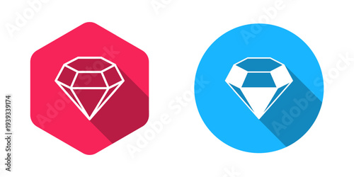 Filled and outline Diamond icon isolated with long shadow background. Jewelry symbol. Gem stone. Vector