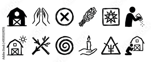 Set of hand-drawn folk magic icons featuring pagan symbols, ritual elements, and witchcraft illustrations in a simple black brushstroke style for spiritual or esoteric concepts
