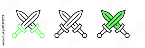 Set line Crossed medieval sword icon isolated on white background. Medieval weapon. Vector