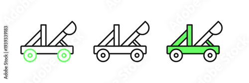 Set line Old medieval wooden catapult shooting stones icon isolated on white background. Vector