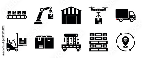 Logistics and delivery black glyph icon set showing warehouse automation, shipping, and supply chain management with a conveyor, robot, drone, truck, and forklift for business concepts