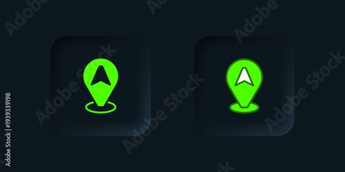 Green Map pointer with taxi car icon isolated on black background. Location symbol. Black square button. Vector