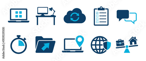 Remote Work and Office Productivity solid icon set. Containing icons related to Desktop Workstation, Cloud Sync, Task Checklist, Global Security, Work-Life Balance, and Location Mapping