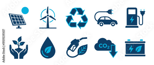 Renewable Energy and Ecology solid icon set. Containing icons related to Solar Panel, Wind Turbine, Recycle, Electric Car, Charging Station, Biofuel, and CO2 reduction elements