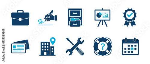 Corporate and Professional Business Management solid icon set. Containing symbols related to Office Administration, Official Signature, Data Presentation, Document Filing, Location Mapping