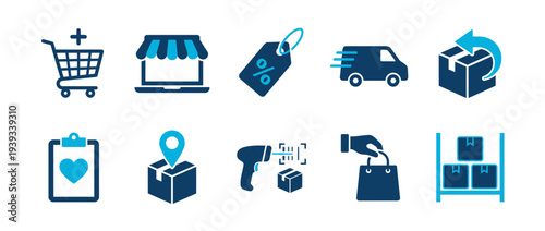 E-commerce and Online Shopping solid icon set. Containing symbols related to Retail Storefront, Shopping Cart, Discount Tag, Delivery Truck, Package Tracking, and Warehouse Logistics
