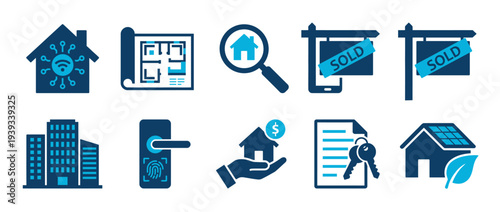 Real Estate and Smart Home solid icon set. Containing icons for Property Listing, Building Blueprint, House Search, Smart Lock, Mortgage Loan, and Residential Architecture elements