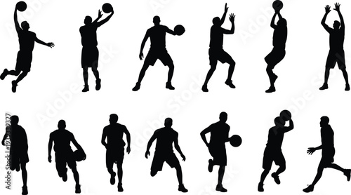 Basketball player silhouette collection, sport action poses vector illustration, dribbling shooting jumping athletes isolated professional basketball motion set