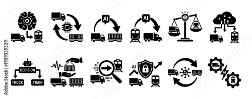 Set of black logistics and transportation icons illustrating artificial intelligence, automation, and optimization concepts for intermodal freight with trucks and trains