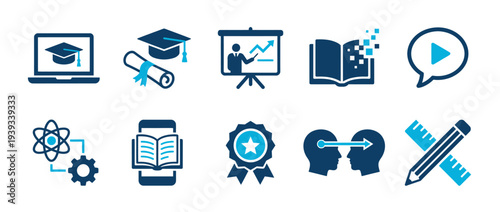 Education and E-learning solid icon set. Containing icons related to Online Graduation, Professional Training, Knowledge Transfer, STEM Science, Digital Books, and Mobile Learning elements.
