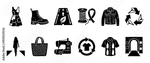 Set of black sustainable fashion icons showing upcycling, recycling, mending, and ethical clothing concepts in a simple graphic linocut style for conscious consumerism