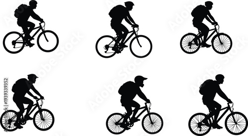 Bicycle rider silhouette vector set, cyclists with backpacks in motion for transport, sport, delivery, design, and urban lifestyle themes