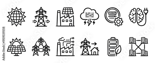 Set of hand-drawn energy icons representing renewable sources like solar, power grid infrastructure, and smart technology concepts in a clean black line art doodle style