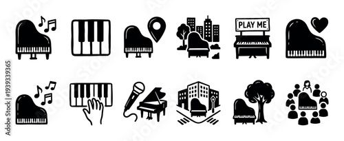 Black piano icon set with various musical and urban concepts in a simple hand-drawn doodle style showing concerts, street music, and keyboard instrument design elements
