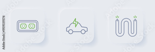 Set line Electric cable, car and Electrical outlet icon. Vector