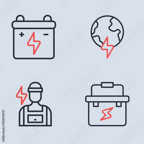 Set line Global planet with thunderbolt, Electrician, Toolbox electrician and Car battery icon. Vector