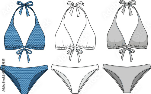 Bikini swimwear technical sketch, three sets, halter neck, bow tie, classic bottom, cad drawing flat vector illustration