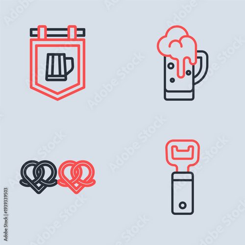 Set line Glass of beer, Pretzel, Bottle opener and Street signboard with icon. Vector