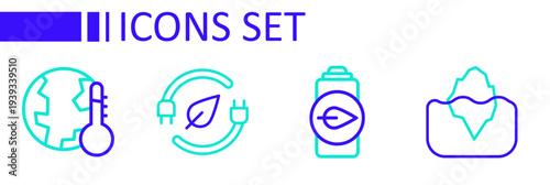 Set line Iceberg, Eco nature leaf battery, Electric saving plug in and Earth melting to global warming icon. Vector