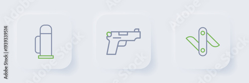 Set line Swiss army knife, Pistol or gun and Thermos container icon. Vector