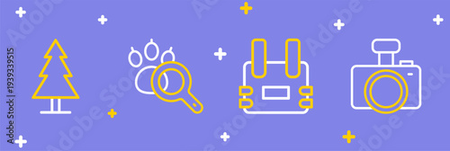 Set line Photo camera, Bulletproof vest, Paw search and Tree icon. Vector