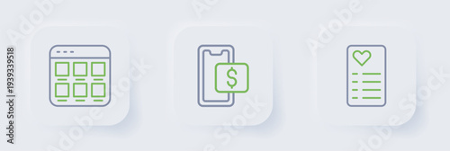 Set line Shopping list, Mobile shopping and Online on screen icon. Vector
