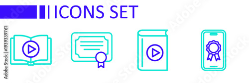 Set line Online education with diploma, Audio book, Certificate template and icon. Vector