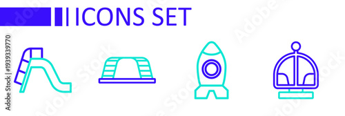 Set line Attraction carousel, Rocket ship toy, Monkey bar and Slide playground icon. Vector