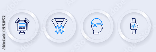 Set line Smart watch with heart, Baseball helmet, Medal and Stopwatch icon. Vector