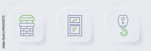 Set line Crane hook, Hammer and wrench spanner and Chimney icon. Vector