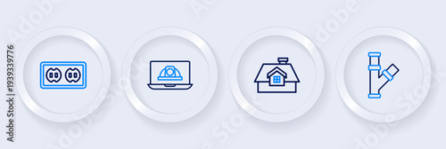 Set line Industry metallic pipe, House, Worker safety helmet and Electrical outlet icon. Vector