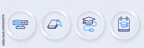 Set line Online education, Graduation cap with mouse, book and Web camera icon. Vector