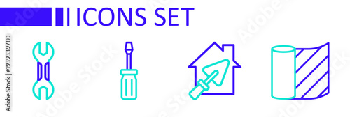 Set line Wallpaper, House with trowel, Screwdriver and Wrench spanner icon. Vector