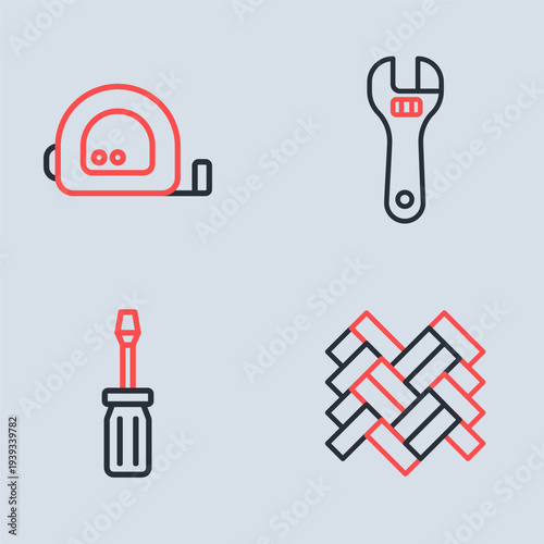 Set line Adjustable wrench, Screwdriver, Parquet and Roulette construction icon. Vector