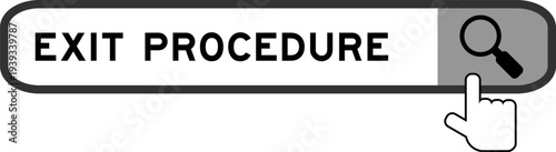 Search banner in word exit procedure with hand over magnifier icon on white background