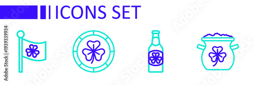 Set line Pot of gold coins, Beer bottle with clover, Golden leprechaun and Ireland flag icon. Vector