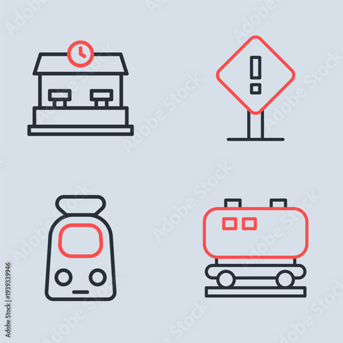 Set line Exclamation mark in square, Train and railway, Oil cistern and Railway station icon. Vector