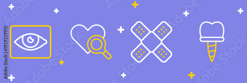 Set line Dental implant, Crossed bandage plaster, Medical heart inspection and Red eye effect icon. Vector