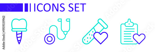 Set line Patient record, Test tube with blood, Stethoscope and Dental implant icon. Vector