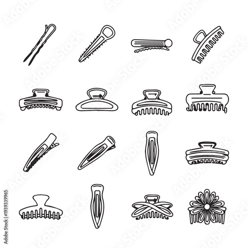 Collection of Hand Drawn Hair Clips and Accessories for Styling and BeautyStock Illustration