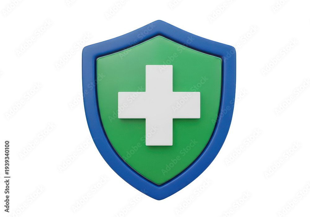 Obraz premium Green shield with white cross symbol isolated on transparent background