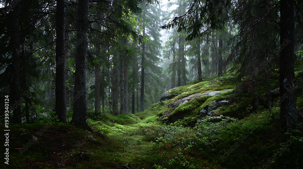 Fototapeta premium Serene forest trail with mossy rock