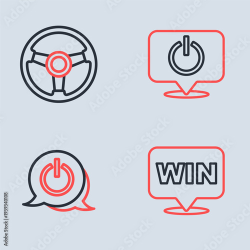 Set line Power button, Medal and Racing simulator icon. Vector