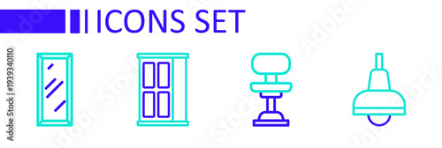 Set line Lamp hanging, Office chair, Wardrobe and Big full length mirror icon. Vector
