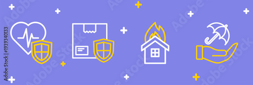 Set line Umbrella in hand, Fire burning house, Delivery security with shield and Life insurance icon. Vector