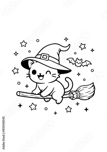 Cute Witch Cat Flying Broom Halloween Coloring Page