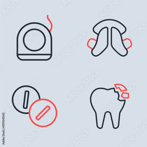 Set line Dental tooth plate, Toothache painkiller tablet, Broken and floss icon. Vector
