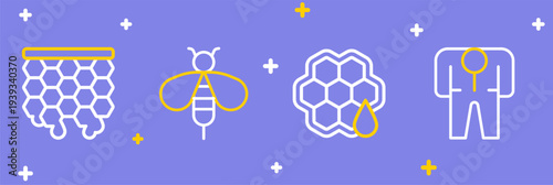 Set line Beekeeper costume, Honeycomb, and icon. Vector